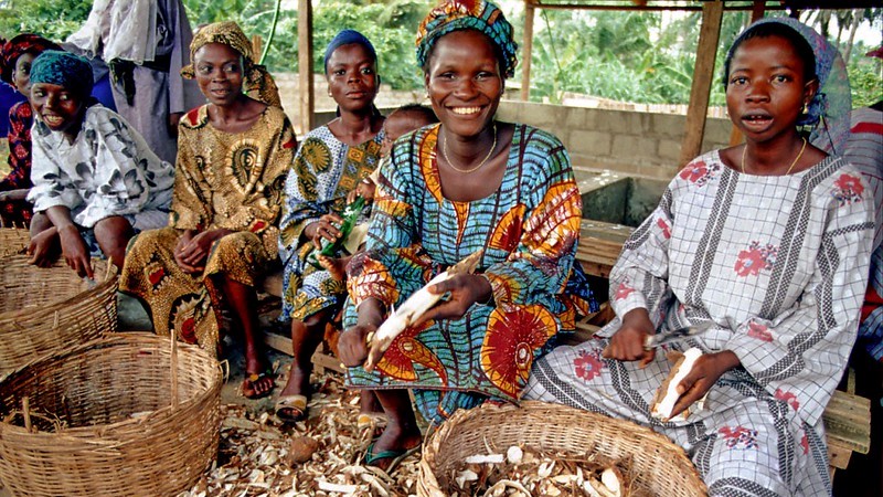 photo of women sitting in a row peeling cassava into large woven baskets