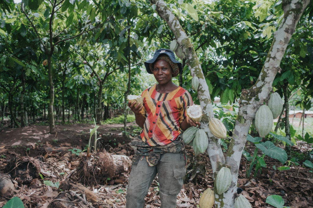 photo of woman ni a colorful shirt standing in a wooded area holding cocoa pods