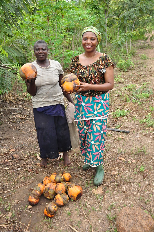 photo of two women holding large fruits